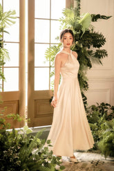 Halter Neck Silk Dress with Twisted Front Detail and Flowing A-Line Midi Skirt